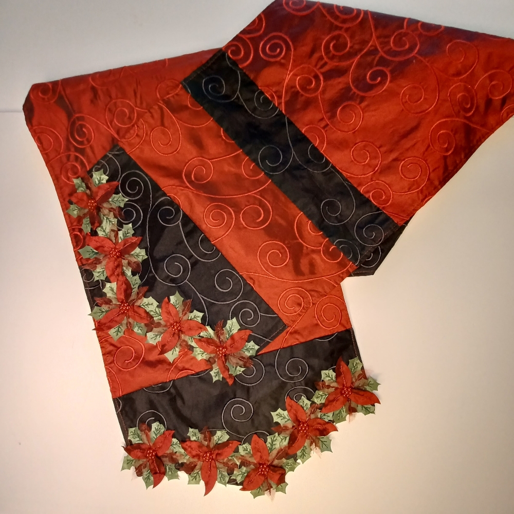 Satin Christmas Holiday 3D Table Runner With Poinsettia Appliqués